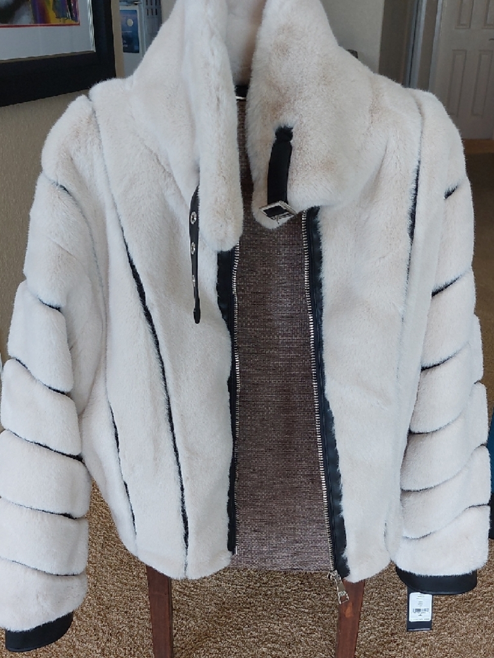 Karl Lagerfeld  Cream Faux Fur Puffer Jacket with Black Trim